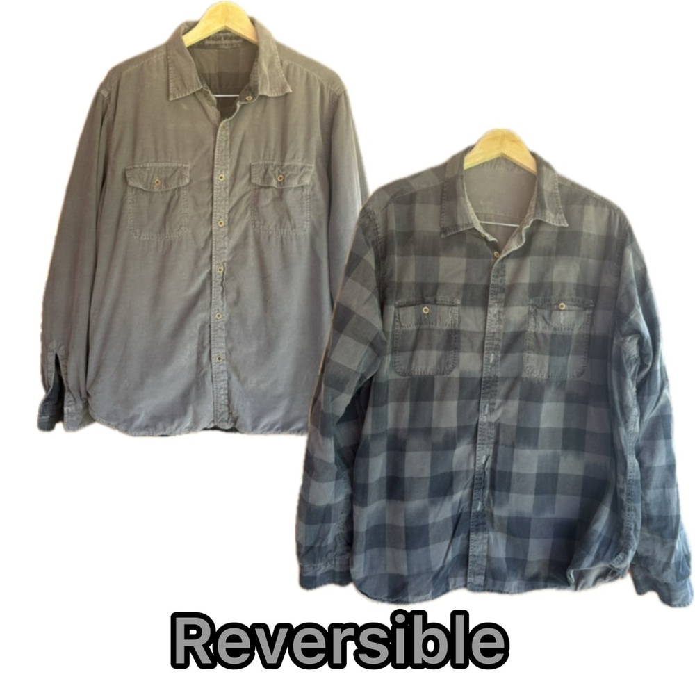 Tailor Vintage Gray Black Plaid/Corduroy Reversible Shirt Men’s P2P 45”